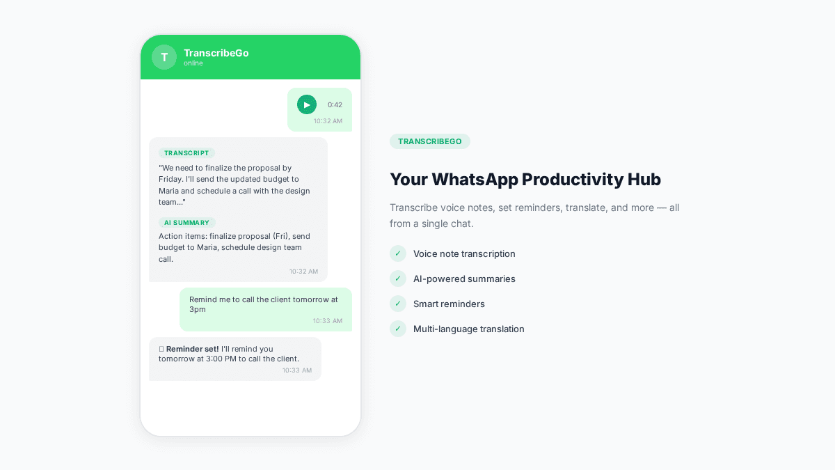 TranscribeGo WhatsApp-Bot transkribiert eine Sprachnachricht und setzt eine Erinnerung