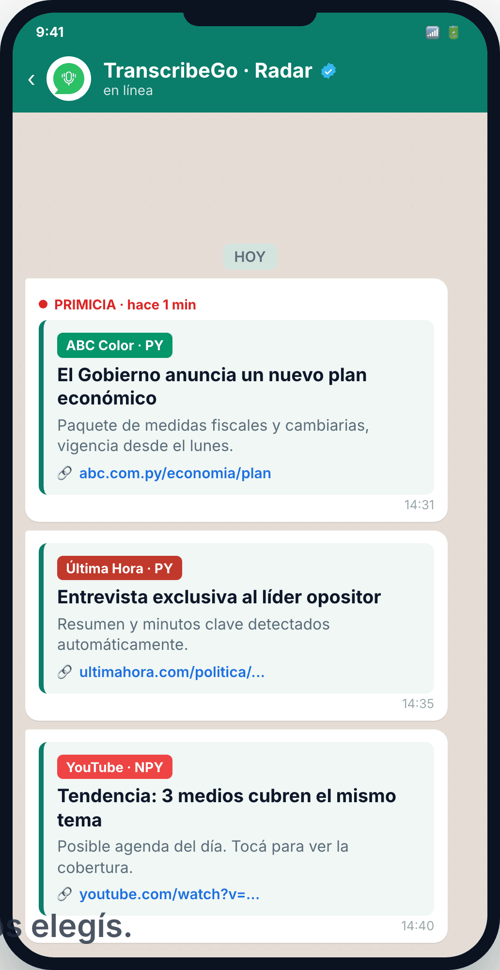Уведомления Media Radar, приходящие через WhatsApp с резюме и ссылкой на источник