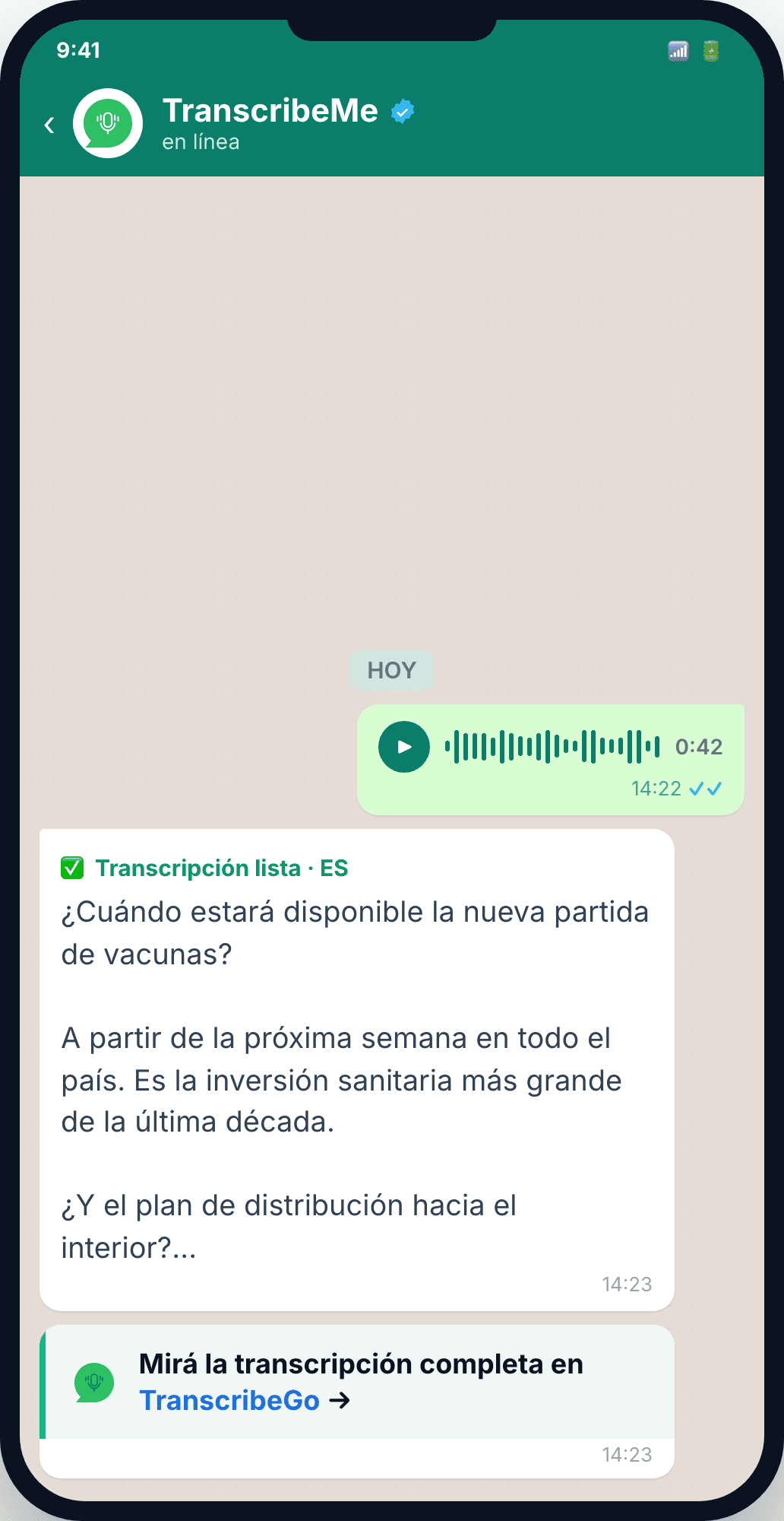 Отправка аудиозаписи интервью проверенному боту TranscribeMe в WhatsApp и получение расшифровки в виде текстового блока