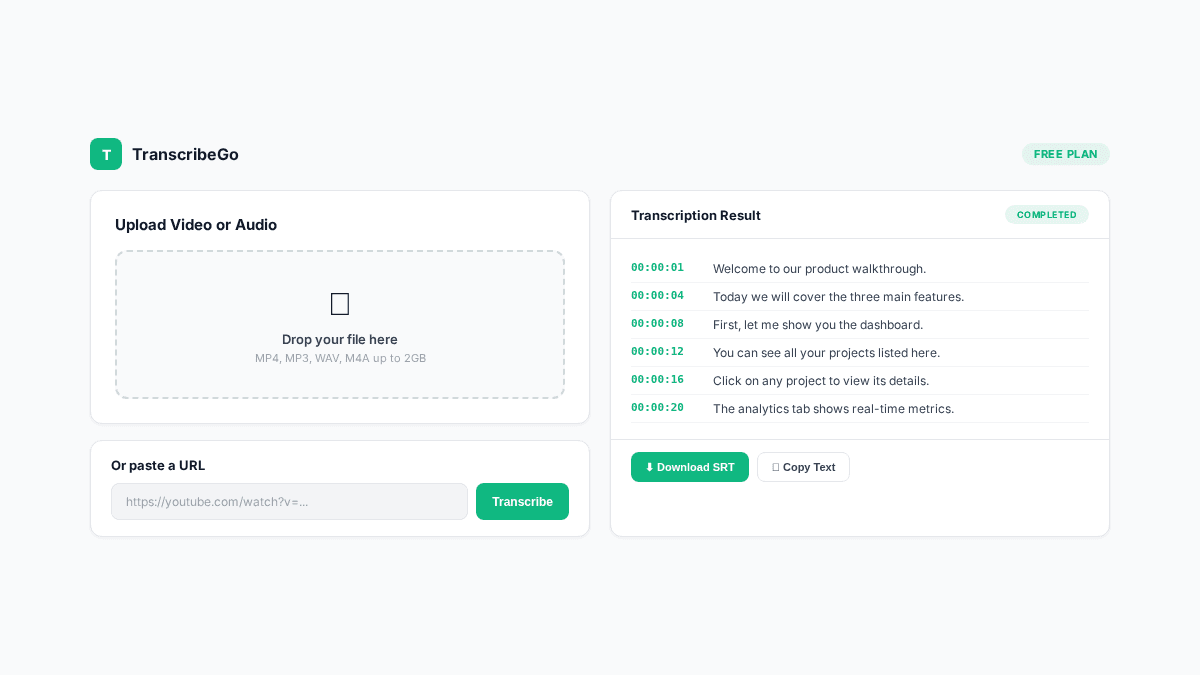 واجهة TranscribeGo تعرض توليد الترجمات التلقائية مع تنزيل SRT بنقرة واحدة