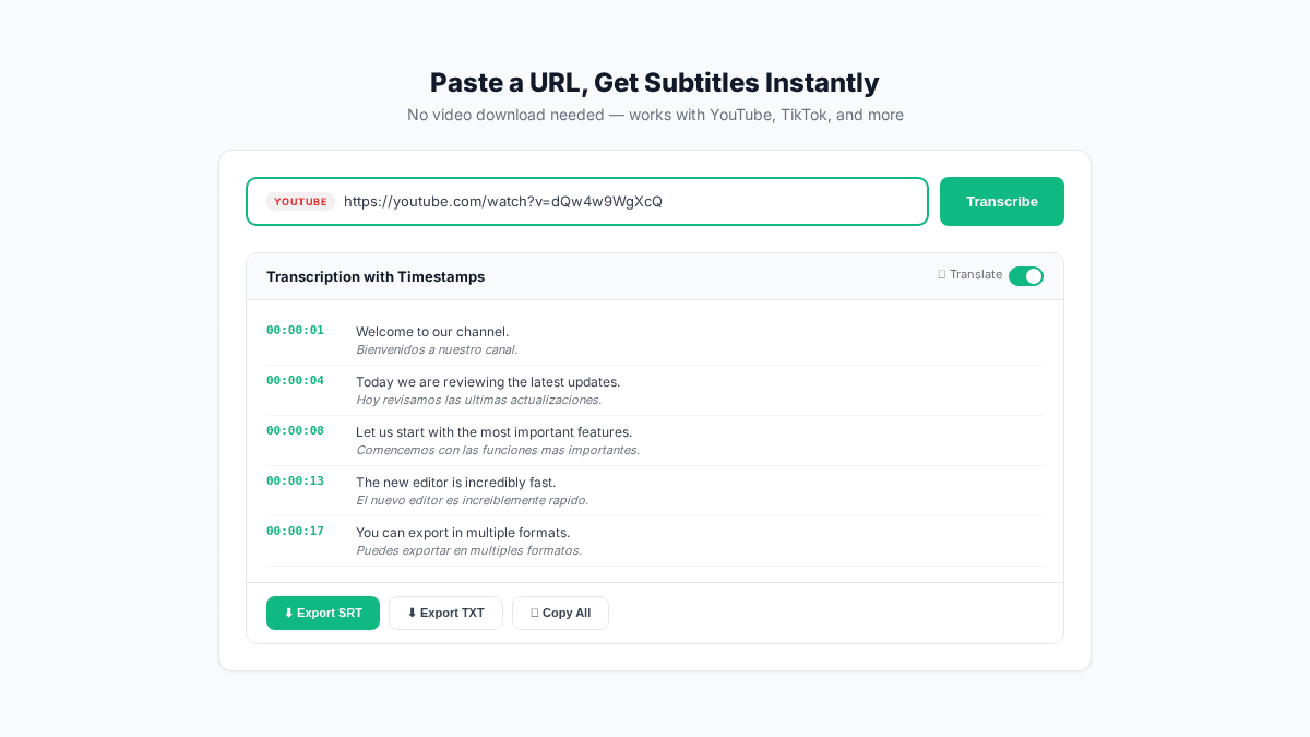 نسخ URL في TranscribeGo يعرض توليد ترجمات يوتيوب وتيك توك