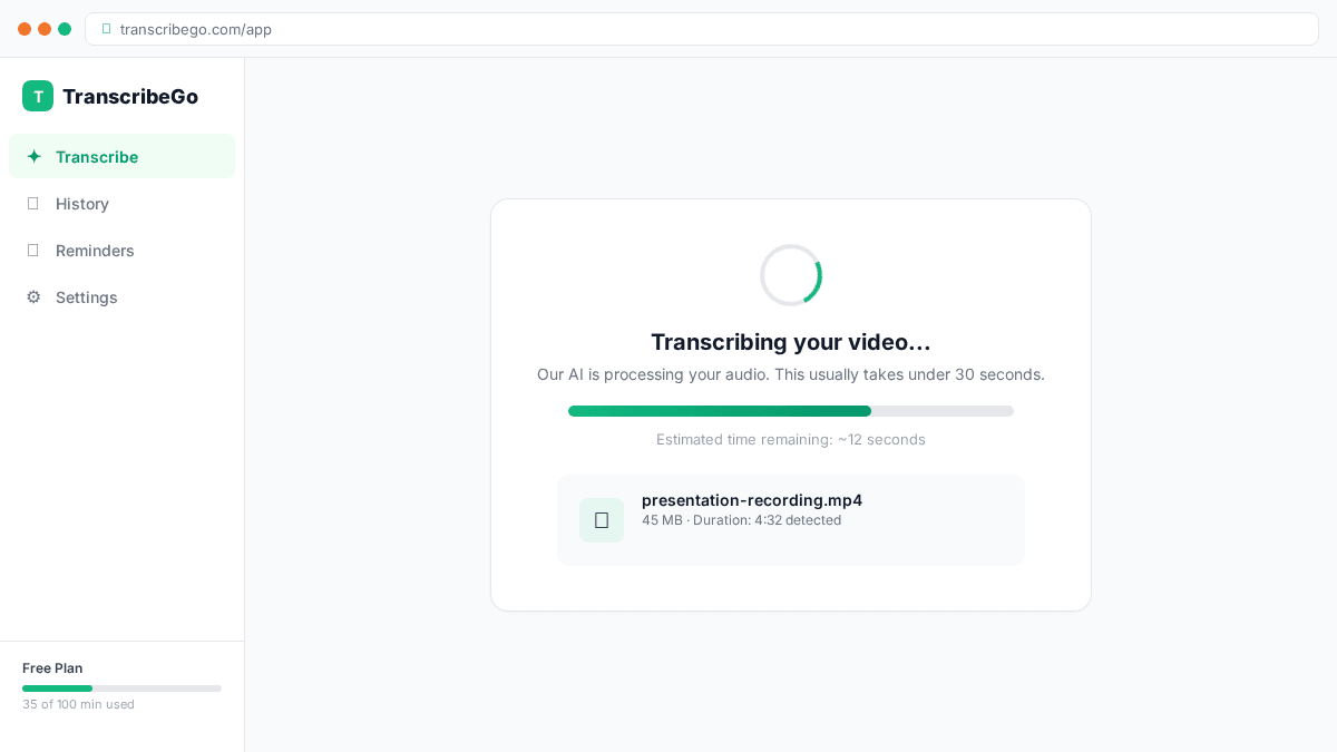 TranscribeGo đang xử lý phiên âm video
