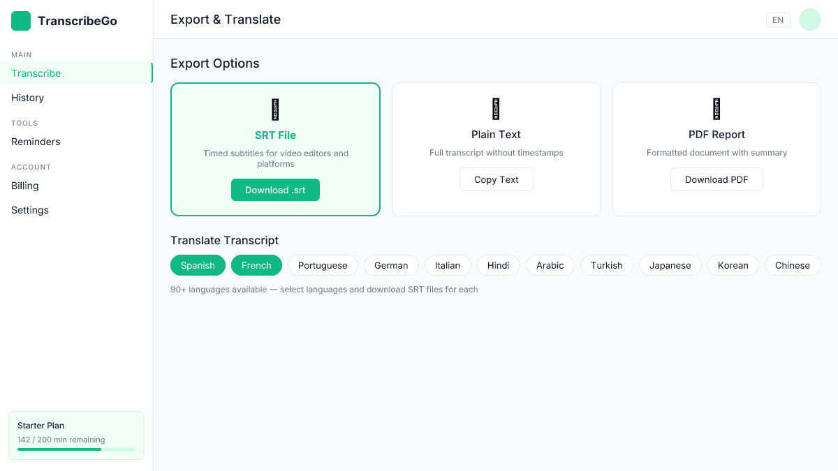 خيارات تصدير TranscribeGo تظهر تنزيل SRT، نسخ النص، وميزات الترجمة