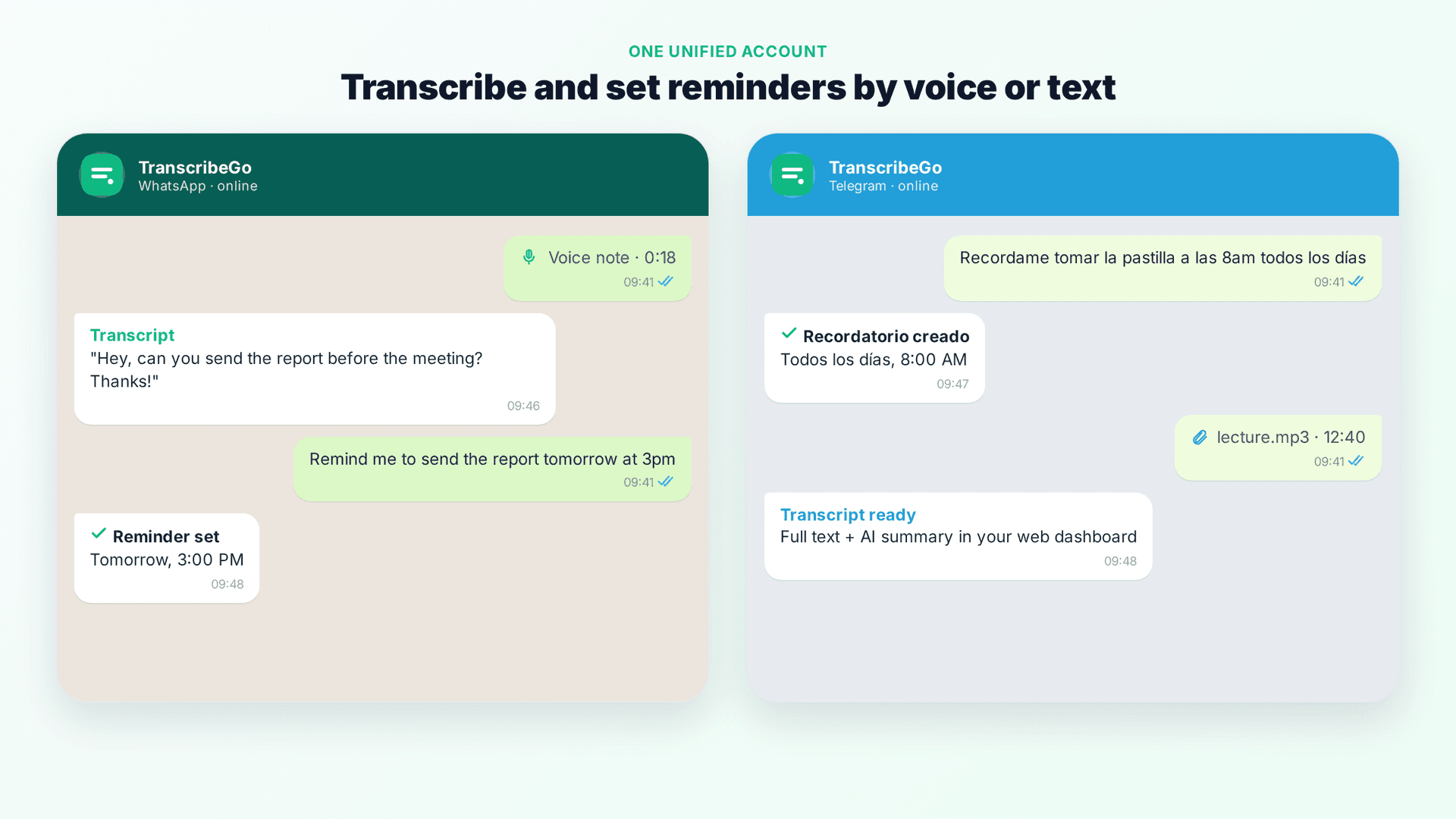 Mockup obrolan WhatsApp dan Telegram yang menampilkan pesan suara yang sedang ditranskripsikan dan pengingat berulang yang sedang diatur