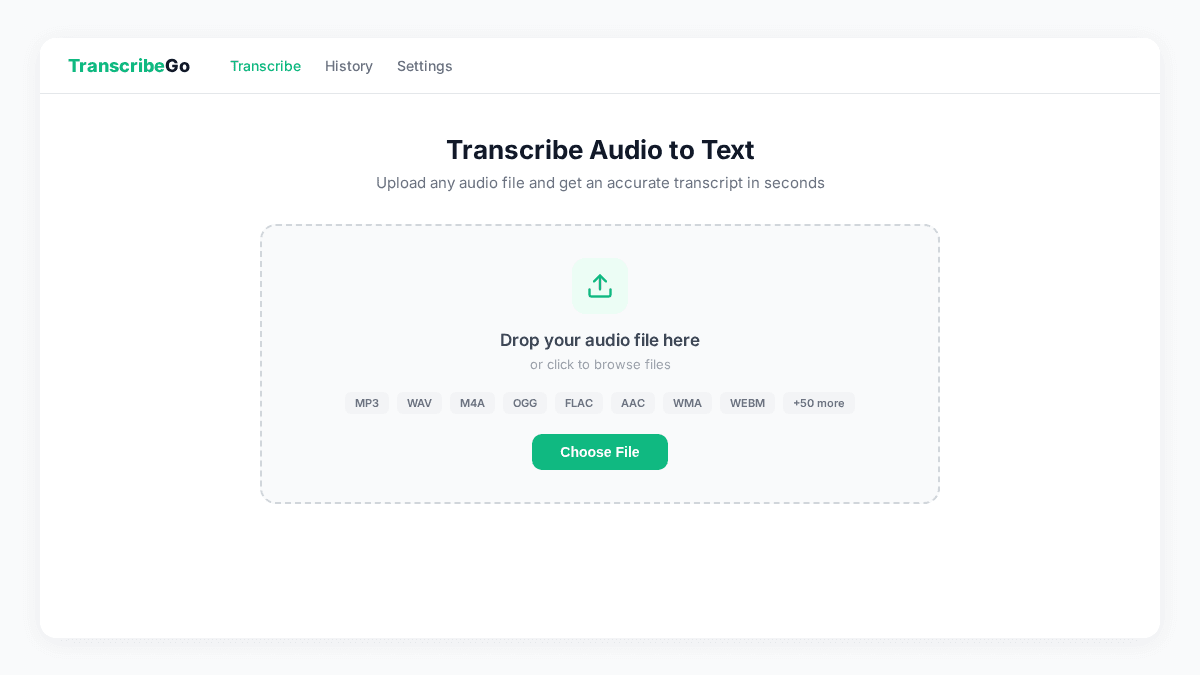 Interfaccia di caricamento di TranscribeGo con area drag-and-drop per file audio