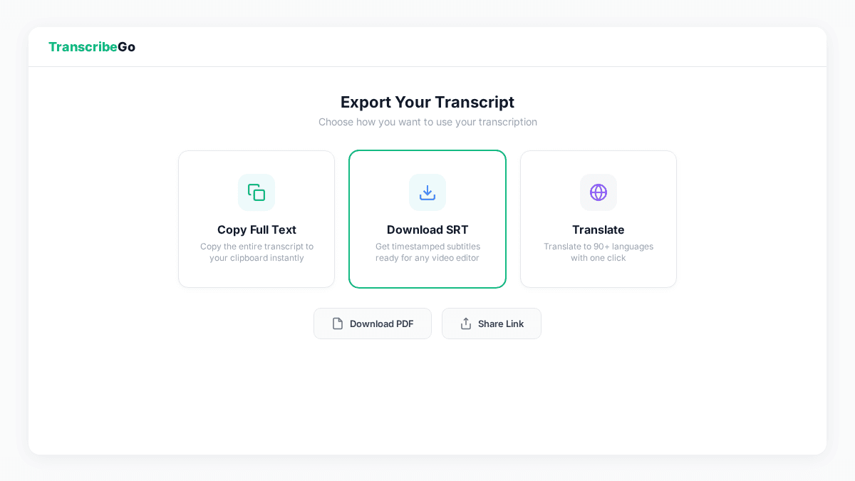 Opzioni di esportazione di TranscribeGo che mostrano i pulsanti copia, download SRT e traduci