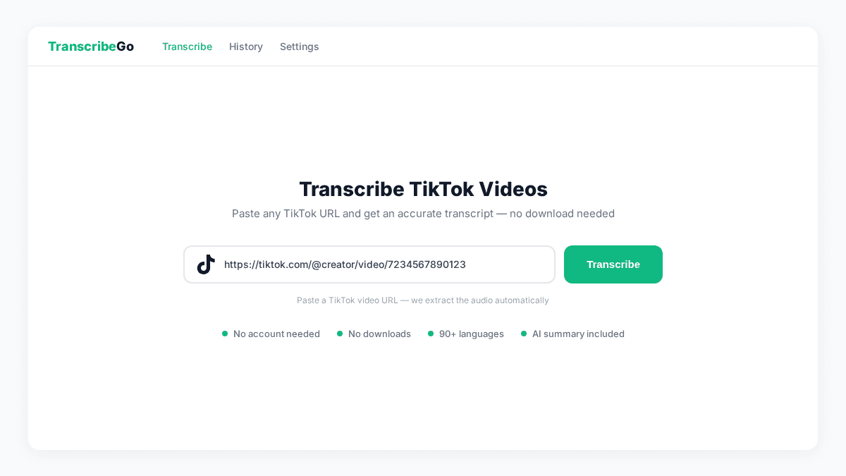 Einfügen einer TikTok-URL in das TranscribeGo-Transkriptionsfeld