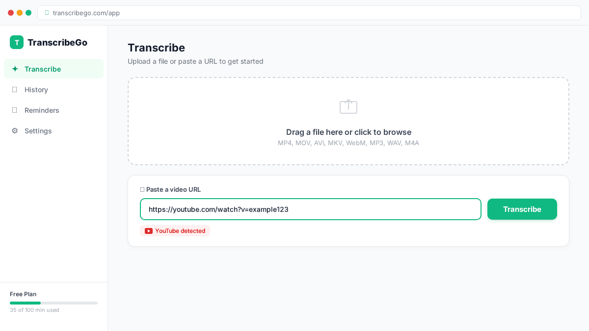 Écran principal de TranscribeGo avec une URL YouTube collée