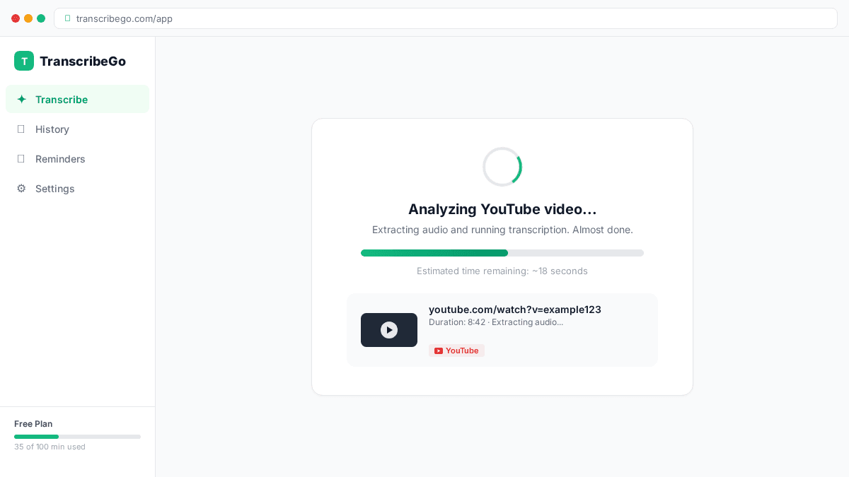 TranscribeGo traitant une transcription de vidéo YouTube