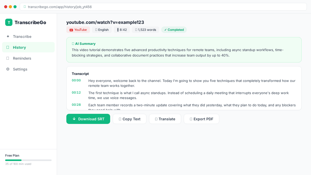 Transcription YouTube terminée avec options de téléchargement
