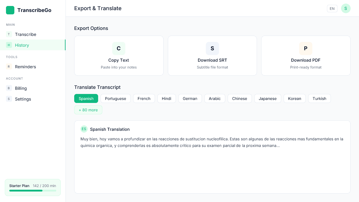 Опции экспорта TranscribeGo, показывающие копирование, загрузку SRT и перевод