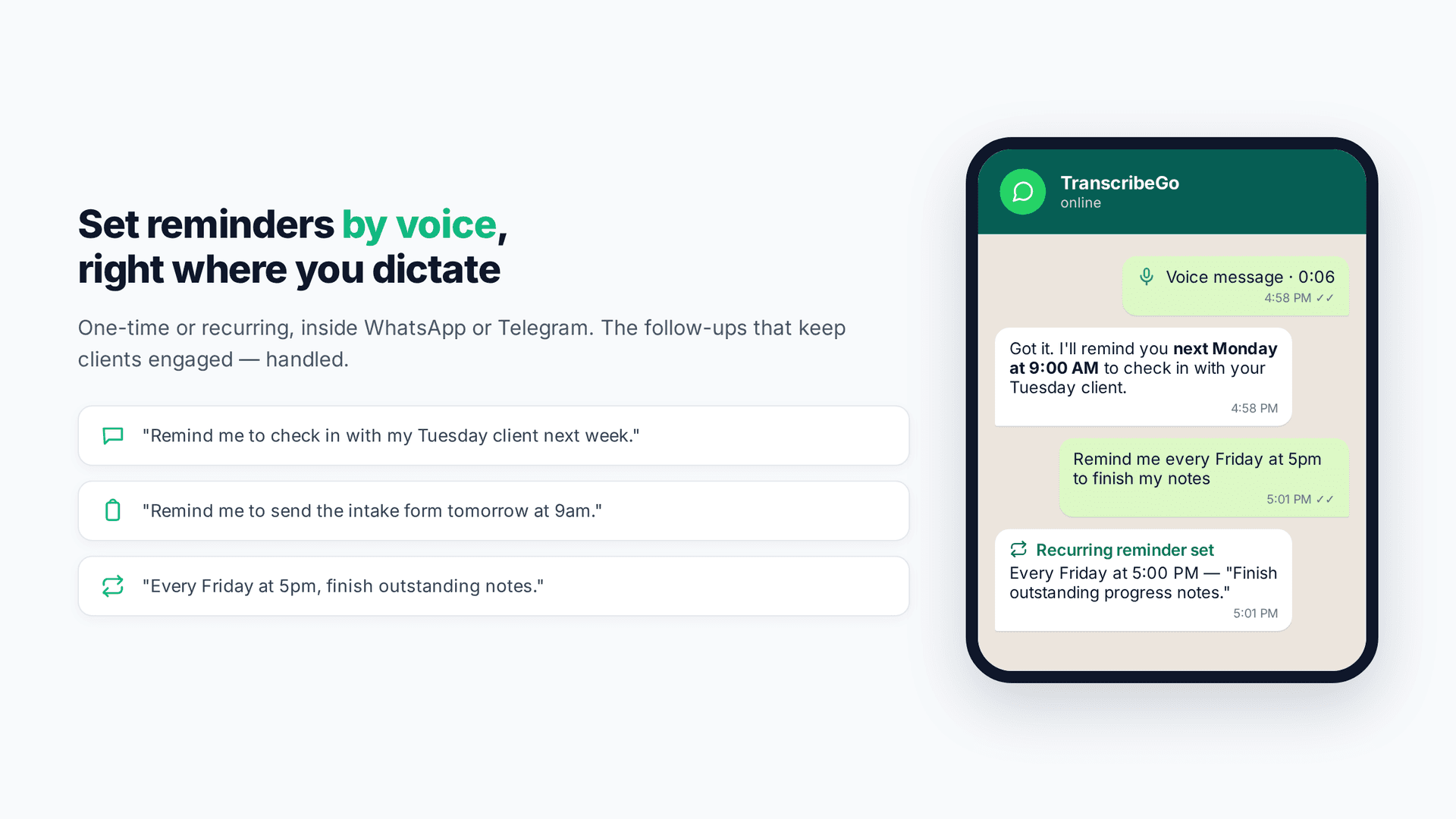 Fonctionnalité de rappels de TranscribeGo montrant des rappels configurés par la voix dans une conversation WhatsApp pour les suivis de clients et l'achèvement des notes d'évolution