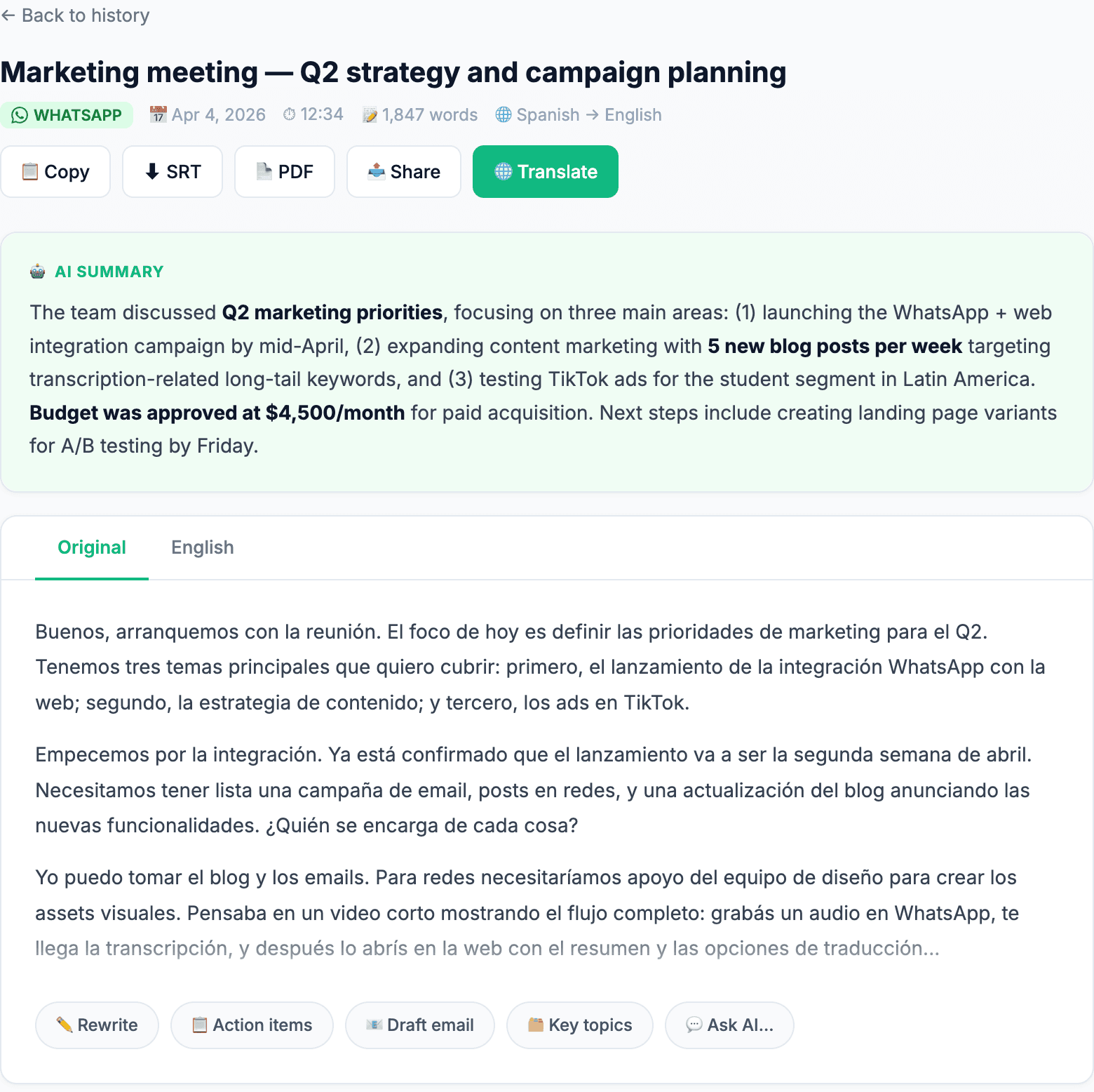WhatsApp voice note transcription viewed on TranscribeGo web app with AI summary and export tools