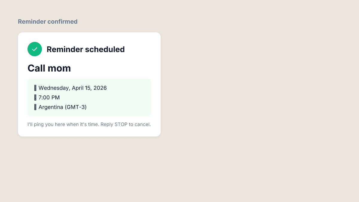 Сообщение подтверждения от TranscribeGo, показывающее детали распарсенного напоминания