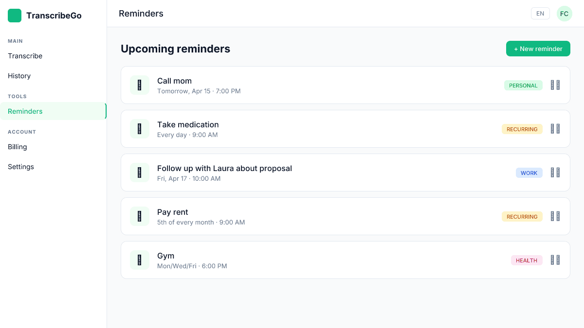 Dasbor TranscribeGo Reminders di aplikasi web, menunjukkan pengingat yang akan datang dan berulang